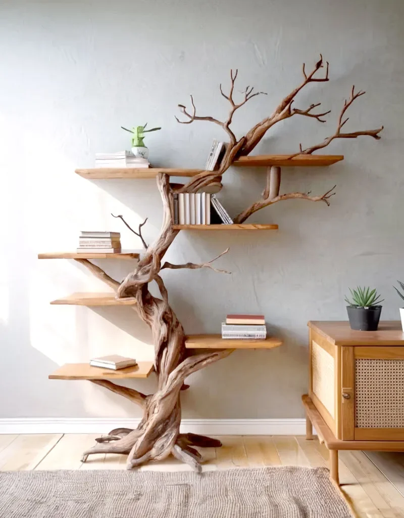 Mahogany Tree Bookshelf Tall Wooden Storage Shelves Rustic Living Room