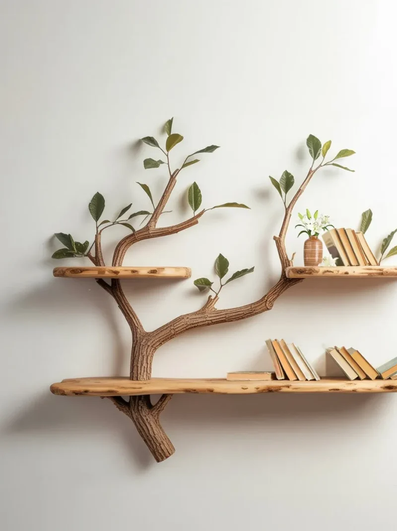 Mahogany Tree Bookcase Floating Large Shelves Handmade Wood