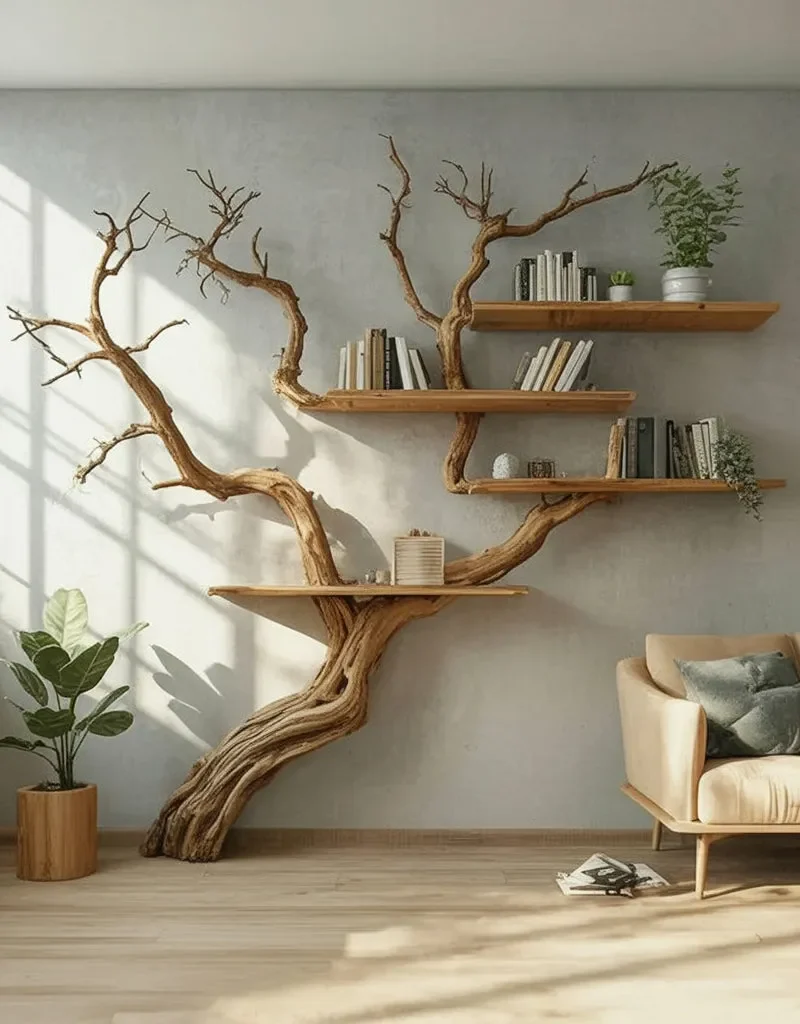 Tree Shaped Wooden Bookshelf Sculptural Branch Bookcase Rustic Home Decor