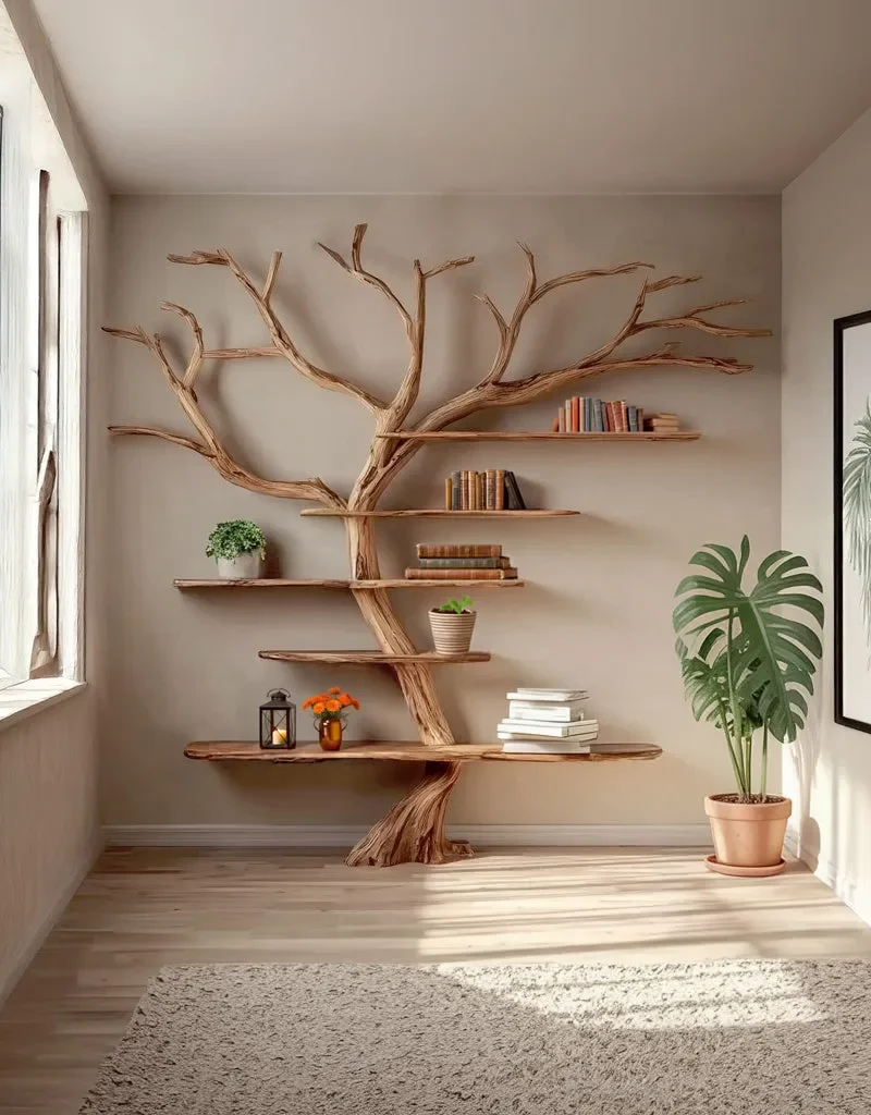 Driftwood Wall Bookshelf Solid Wood Rustic Floating Tree Branch Style Decor