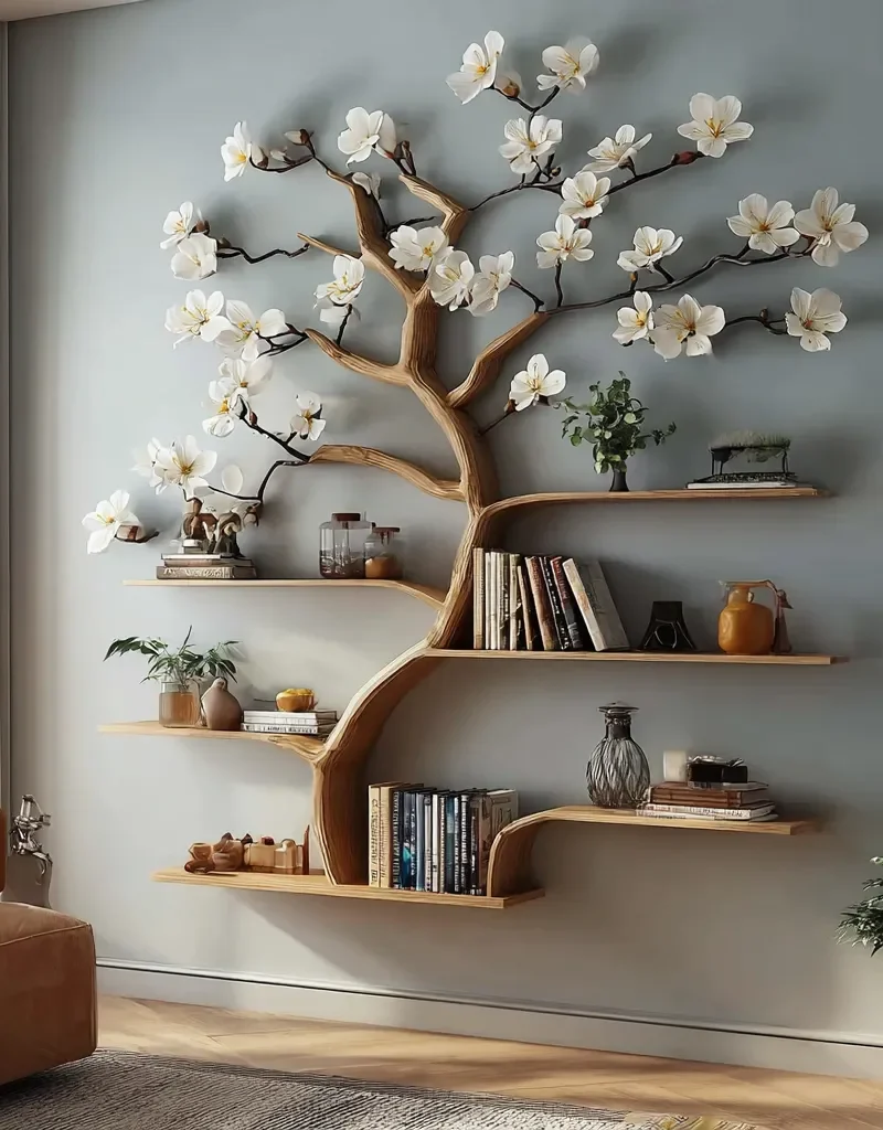 Rustic Tree Bookshelf Wooden Wall Mounted Bookcase Custom Home Decor