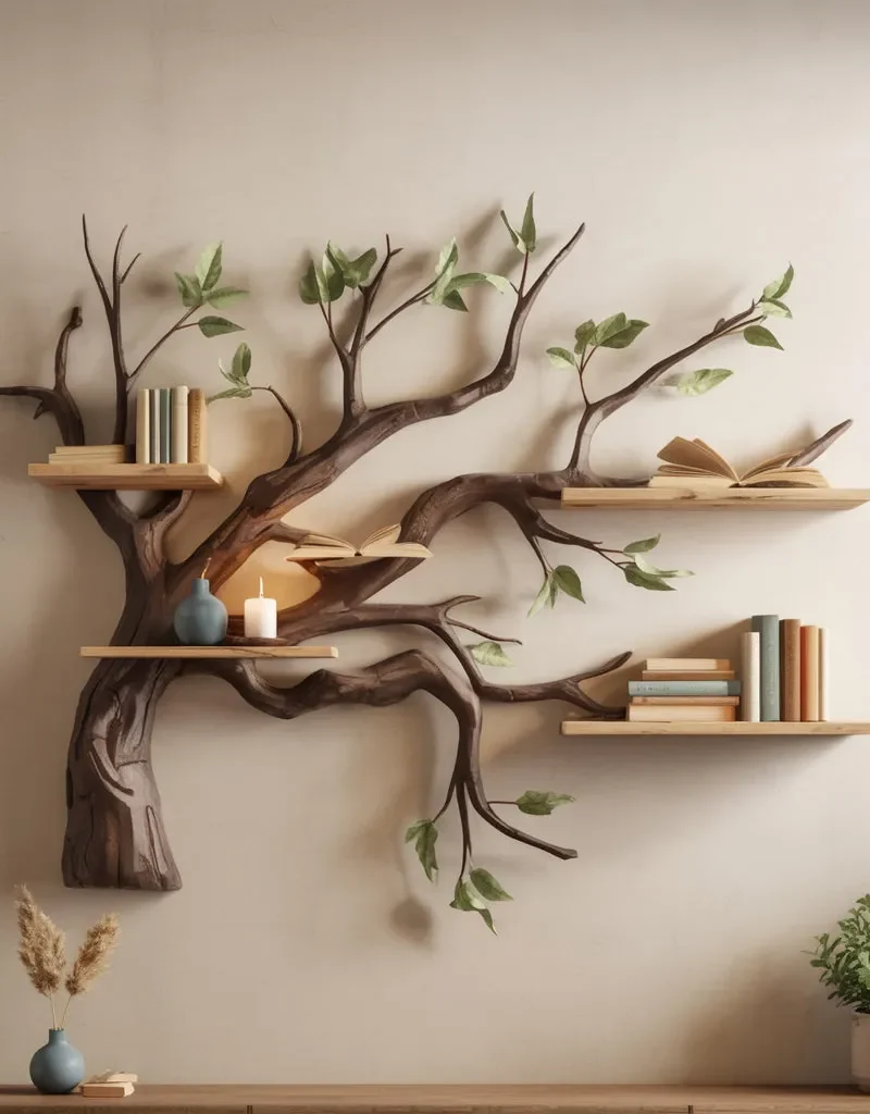 Corner Floating Bookshelf Rustic Live Edge Driftwood Branch Wall Decor